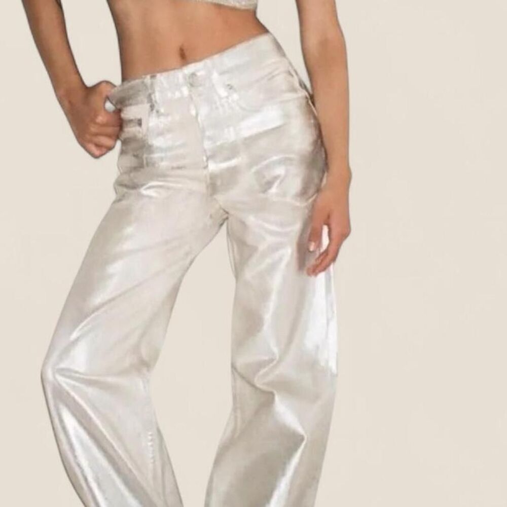 Zara Silver Relaxed Fit Straight Leg Mid Rise Boyfriend Jeans | Size 6 - Picture 8 of 8